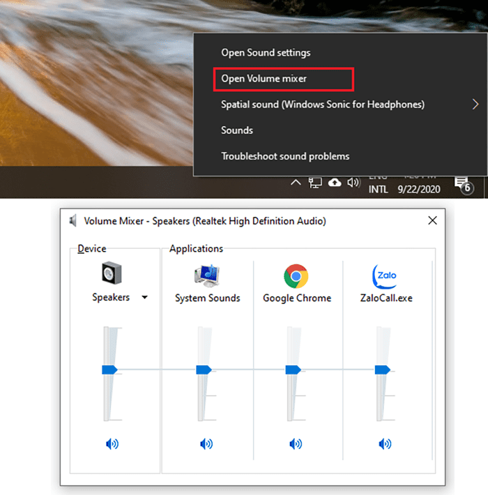 Điều chỉnh âm thanh của loa ở hộp thoại Volume Mixer để mở loa máy tính bị khóa Win 7