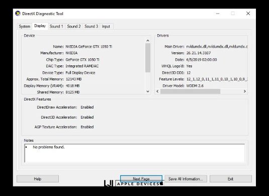 Thông tin card màn hình từ DirectX Diagnostic Tool