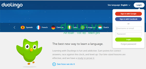 Giao diện đăng nhập Duolingo tiếng Anh trên máy tính