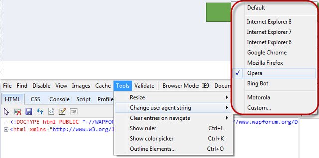 Chọn User agent string trong Internet Explorer Developer Tools