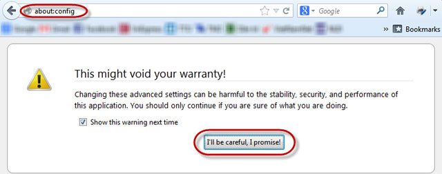 Truy cập about:config trong Firefox để thay đổi User Agent