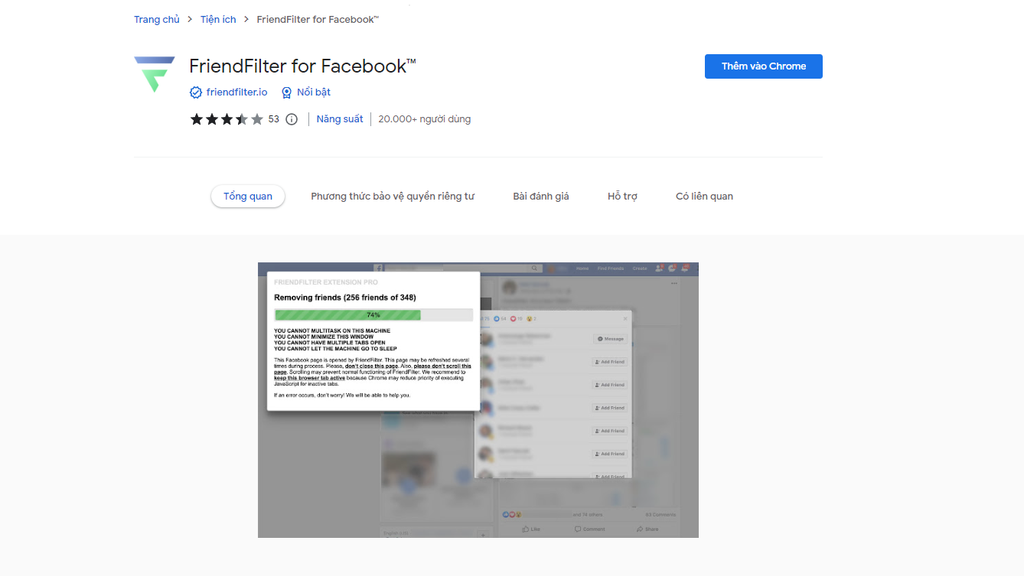 Màn hình trình duyệt Chrome hiển thị giao diện tiện ích FriendFilter for Facebook, đang quét danh sách bạn bè để tìm người không tương tác.