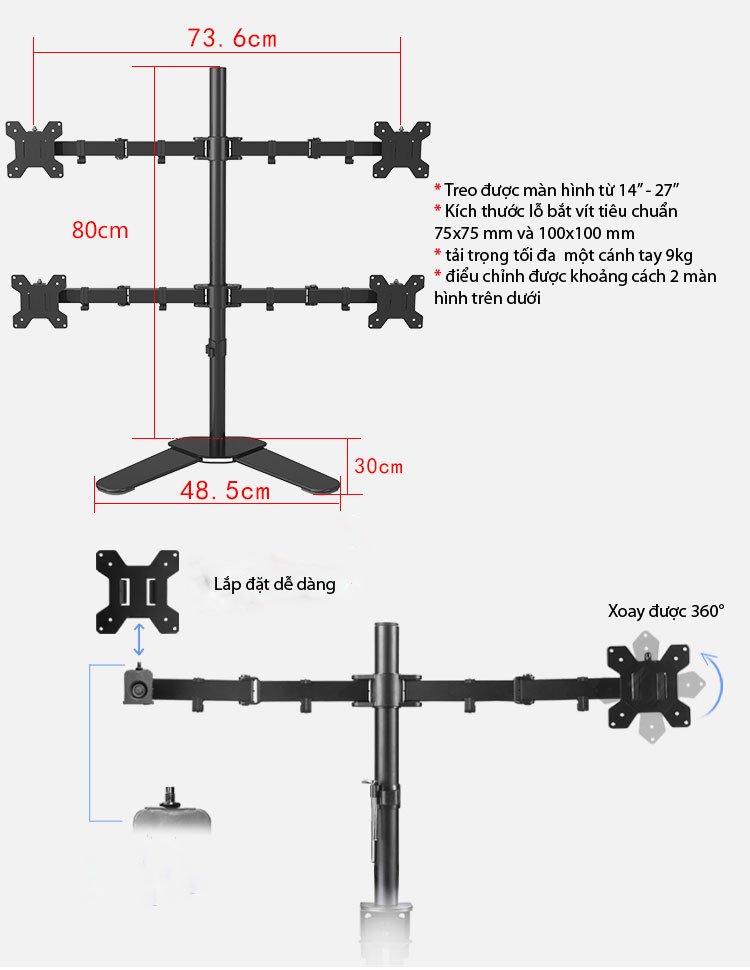 Giá treo 4 màn hình máy tính với khả năng xoay linh hoạt