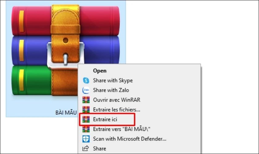 Giải nén trực tiếp tại thư mục hiện có