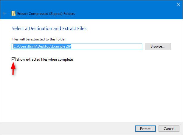 Chọn vị trí giải nén file ZIP