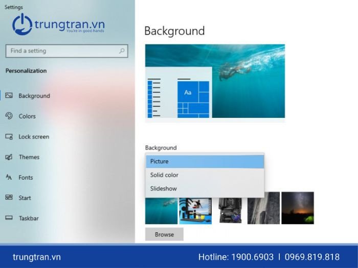 Giao diện cài đặt hình nền máy tính Win 10 trong Personalize