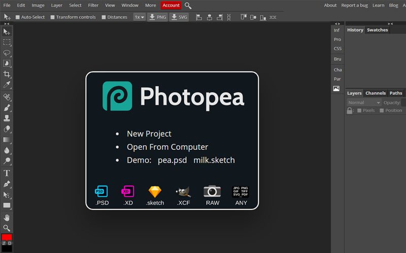 Giao diện Photoshop online (Photopea) để cắt ghép ảnh