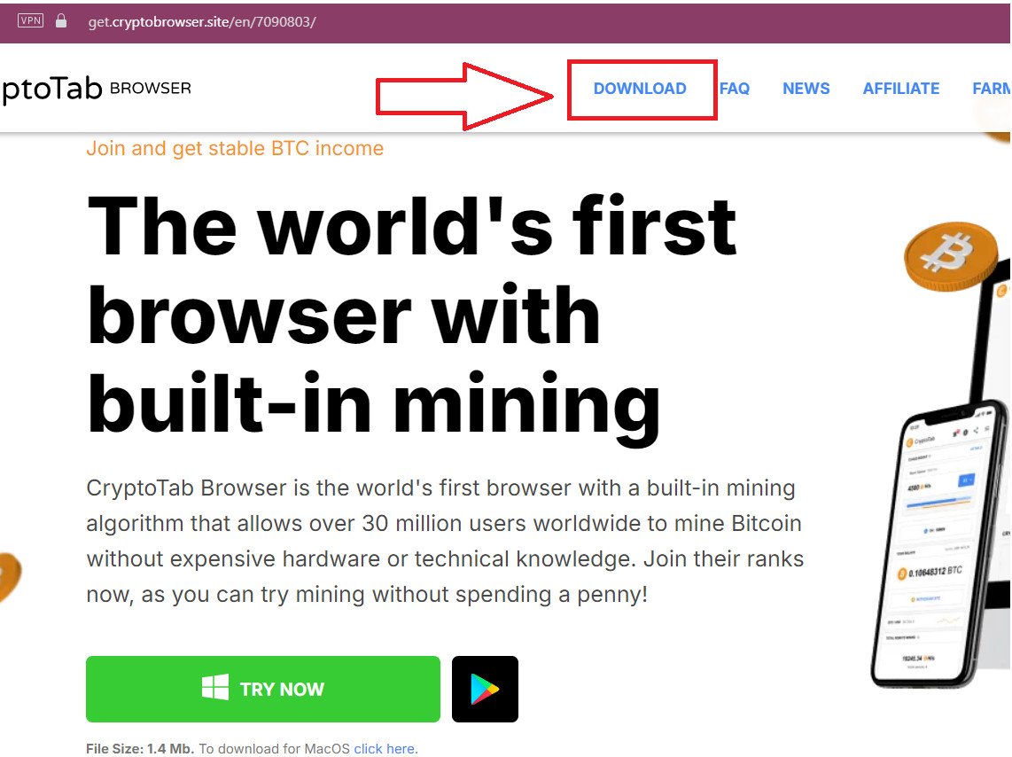Giao diện tải trình duyệt CryptoTab cho hướng dẫn đào Bitcoin bằng máy tính