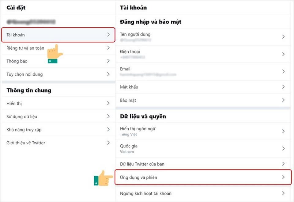 Giao diện Your Account, lựa chọn Apps and sessions để quản lý phiên đăng nhập Twitter