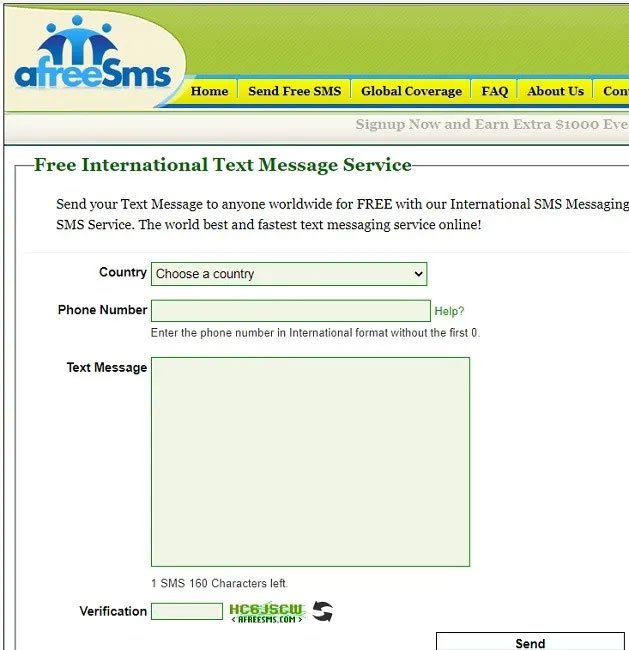 Giao diện website AFreeSMS cho phép gửi tin nhắn SMS miễn phí từ máy tính