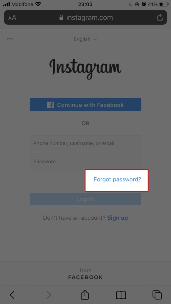 Nhấn vào mục Forgot Password? để lấy lại mật khẩu Instagram trên máy tính