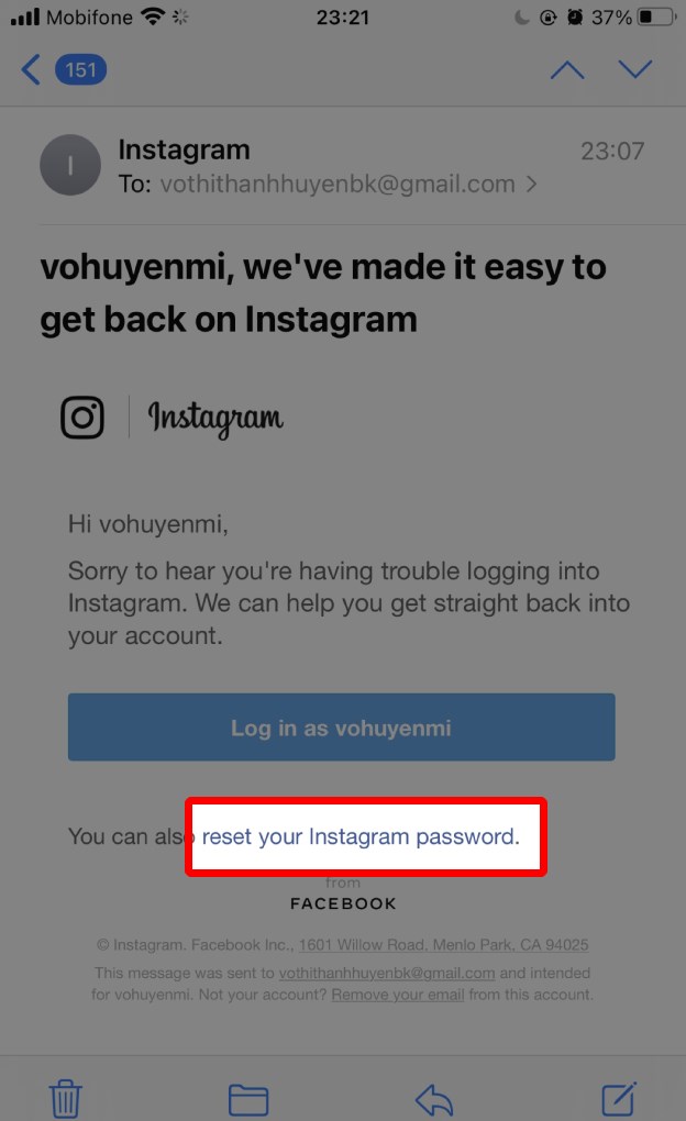 Kiểm tra email để lấy lại mật khẩu Instagram trên máy tính
