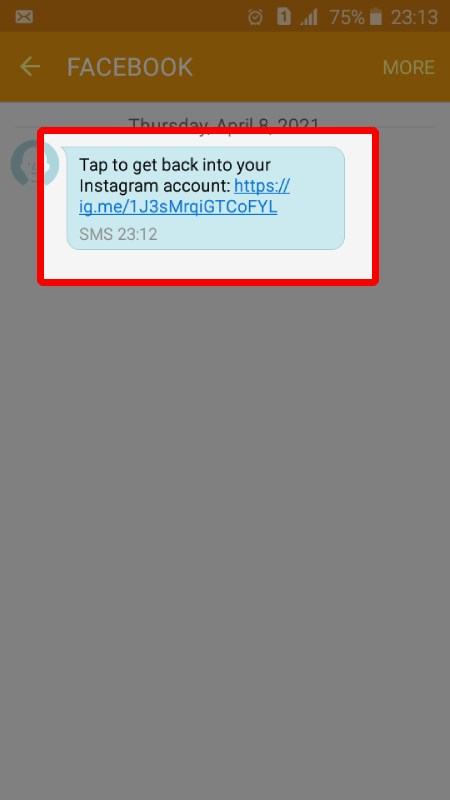 Nhấn vào liên kết khôi phục trong tin nhắn SMS để lấy lại mật khẩu Instagram trên máy tính