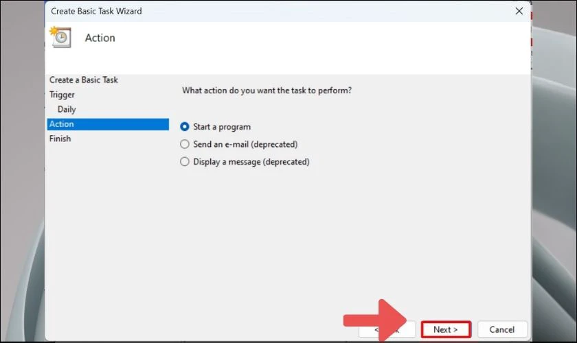 Nhập lệnh tắt máy vào Task Scheduler