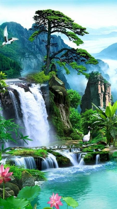 Hình ảnh 3D thác nước giữa rừng xanh cho desktop