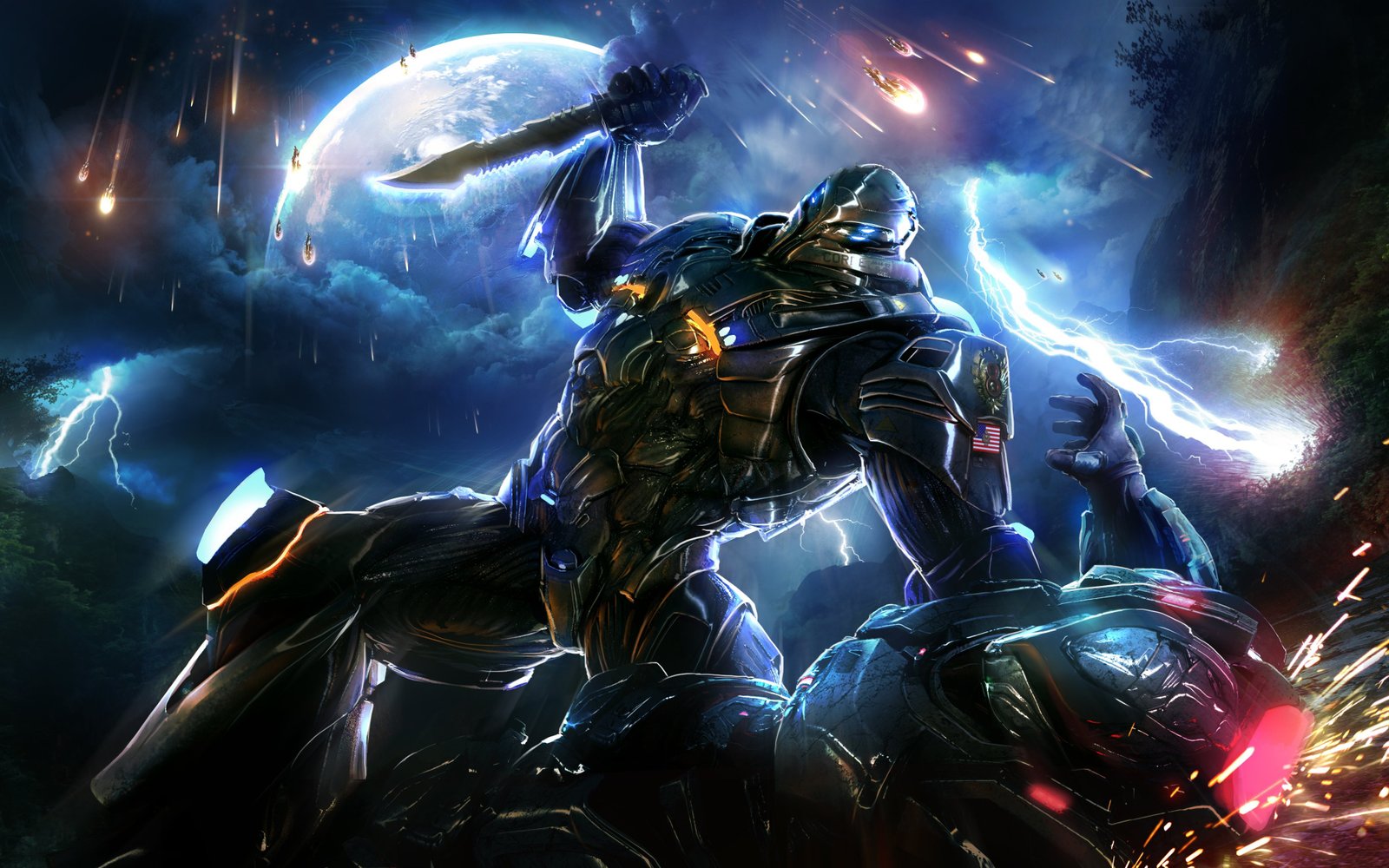 Hình nền game 4K với một nữ chiến binh trong trang phục giáp trụ futuristic, cảnh quan đồi núi và ánh sáng hoàng hôn tạo nên một khung cảnh hùng vĩ.