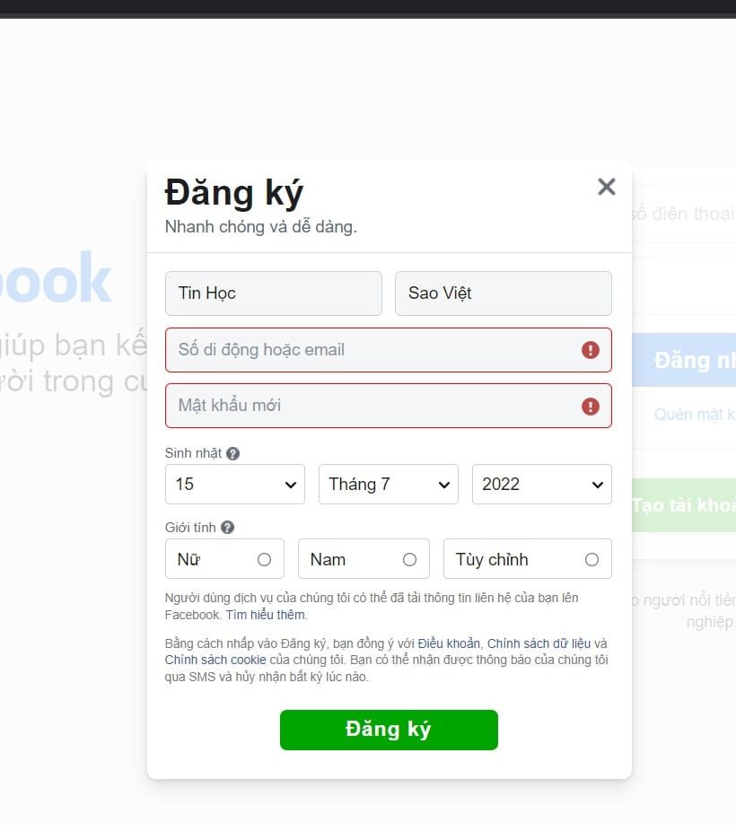 Điền thông tin cá nhân khi tạo tài khoản Facebook