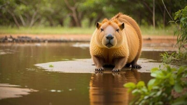 Hình nền Capybara với quả bóng bay màu sắc, tạo sự sinh động cho máy tính