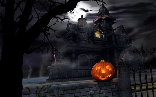 Hình nền Halloween cho máy tính chủ đề bí ngô và nhà ma