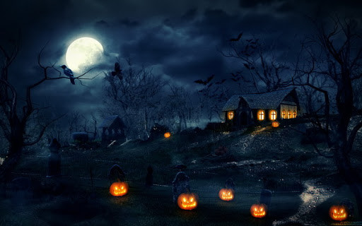 Hình nền Halloween cho máy tính với bí ngô và khung cảnh nghĩa địa
