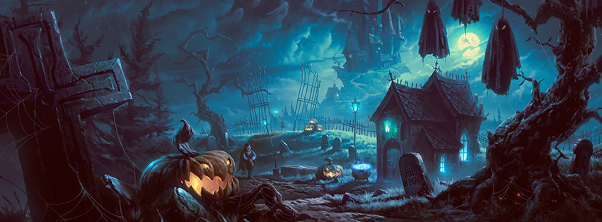 Hình nền Halloween cho máy tính với cây khô và lâu đài ma quái