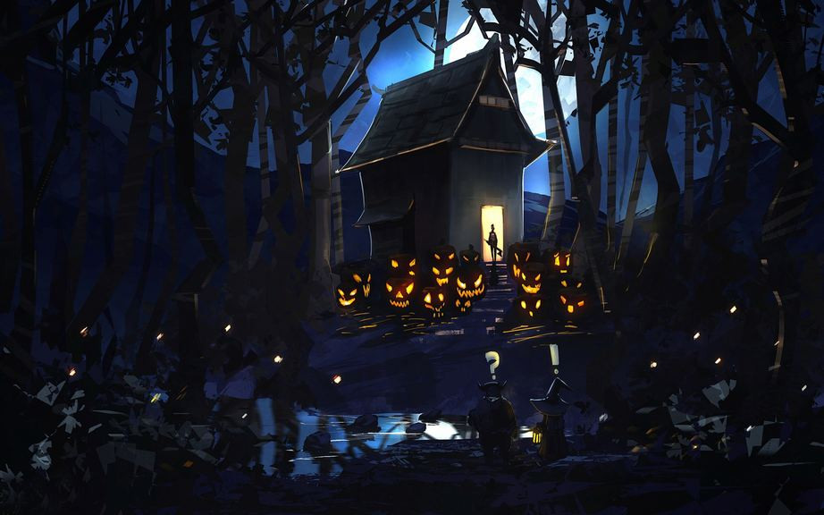 Hình nền Halloween cho máy tính với con đường mòn và nhà ma