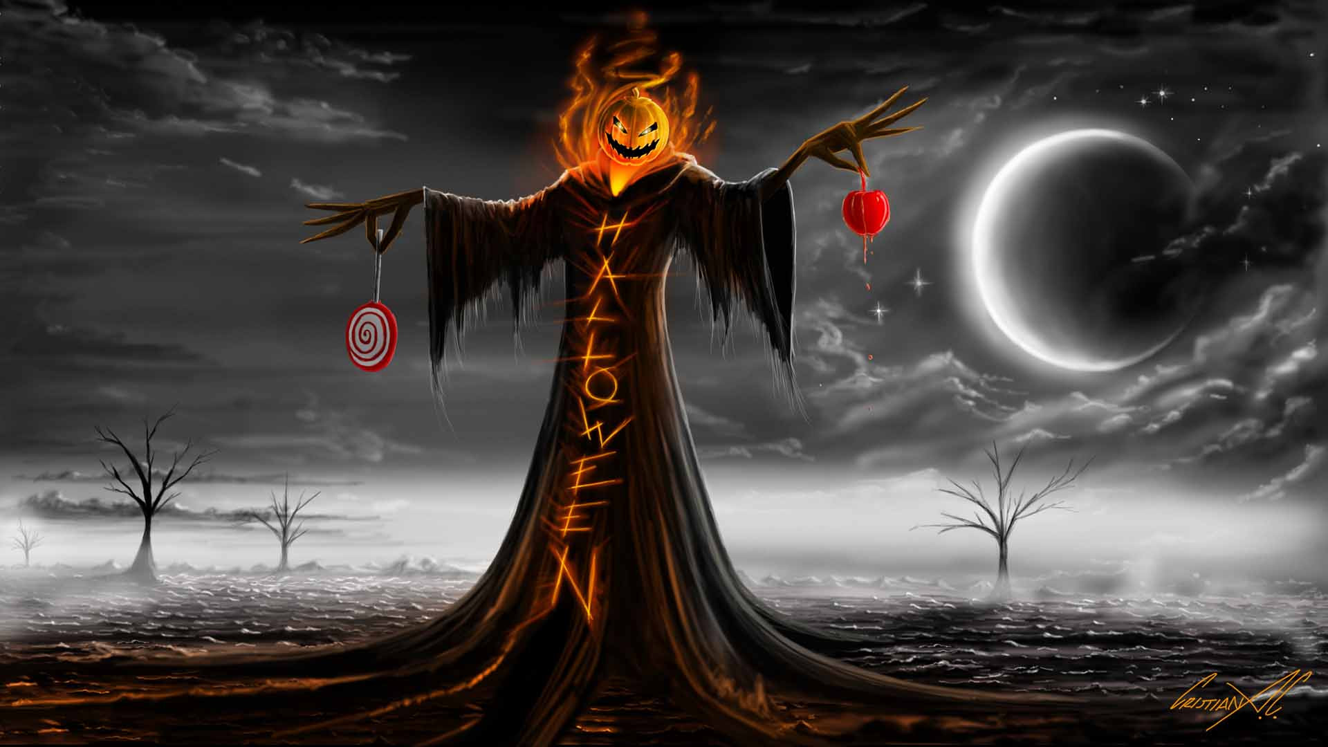 Hình nền Halloween cho máy tính với lâu đài ma quái và ánh trăng