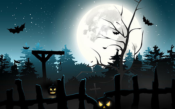 Hình nền Halloween cho máy tính với phù thủy và mèo đen