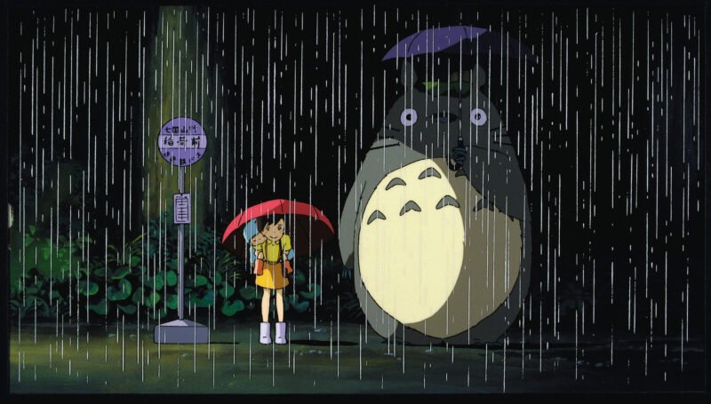 Hình nền Totoro dưới mưa với chiếc dù trên máy tính