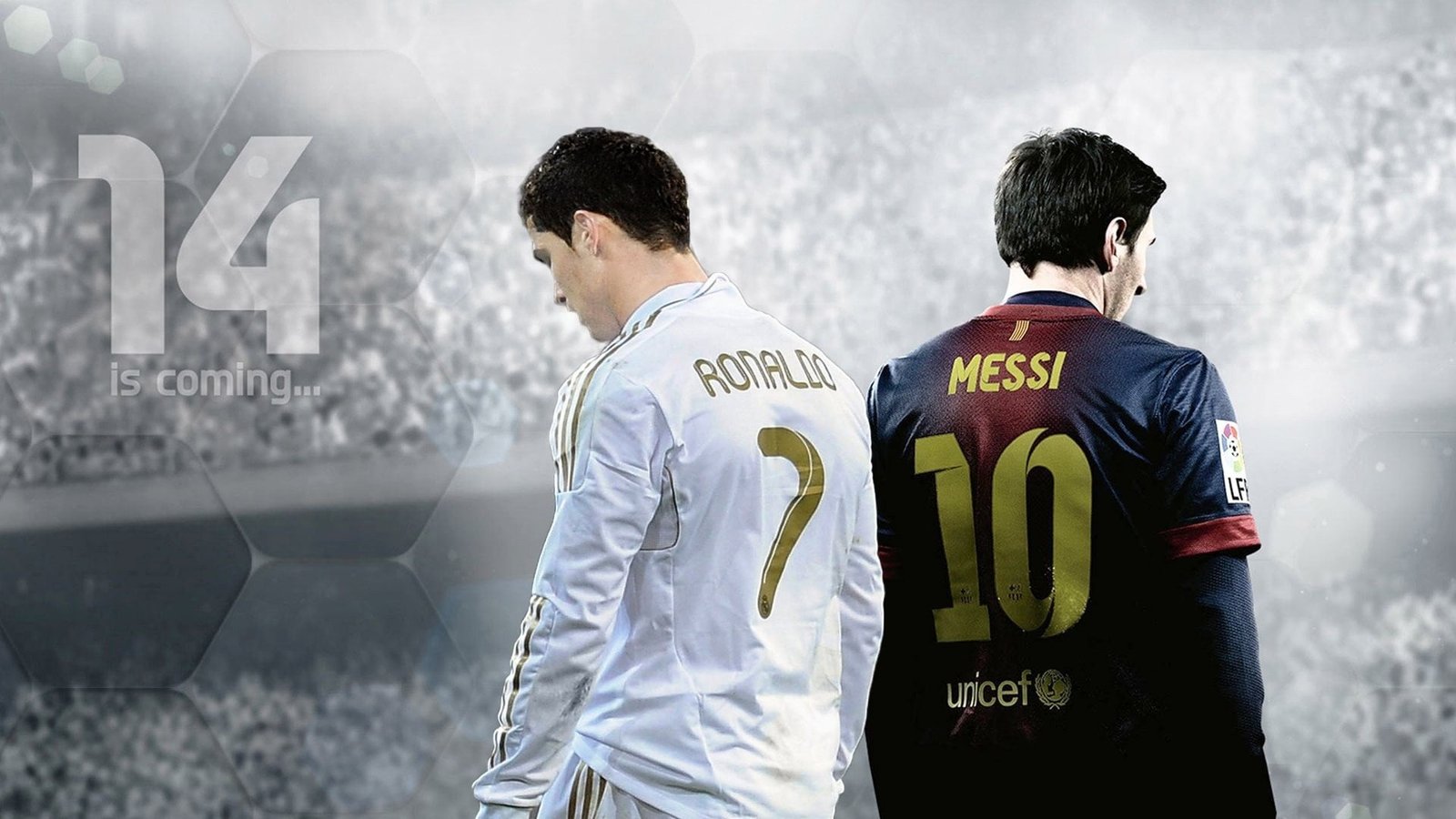 Hình nền Ronaldo và Messi đối mặt trên sân 4K