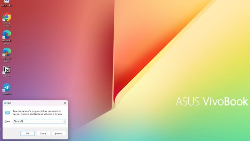 Hộp thoại Run với lệnh %temp% để tăng tốc độ máy tính