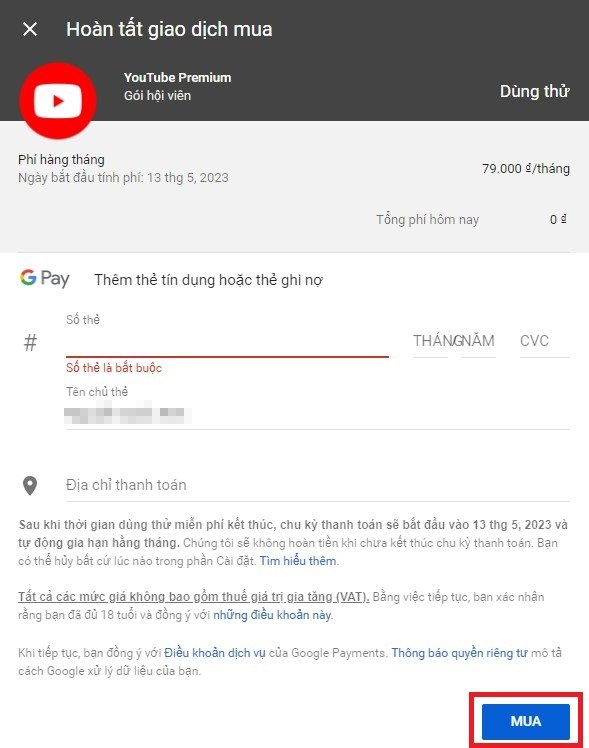 Nhập thông tin thẻ thanh toán cho YouTube Premium
