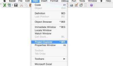 Cách mở cửa sổ Project Explorer từ menu View trên Excel