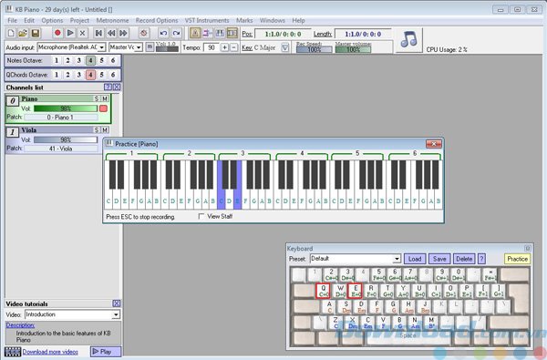 Giao diện chính của ứng dụng chơi piano trên máy tính KB Piano