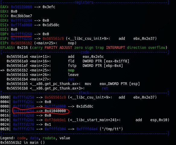Kết quả GDB hiển thị giá trị hexa 41040000 được lưu trữ cho số 8.25