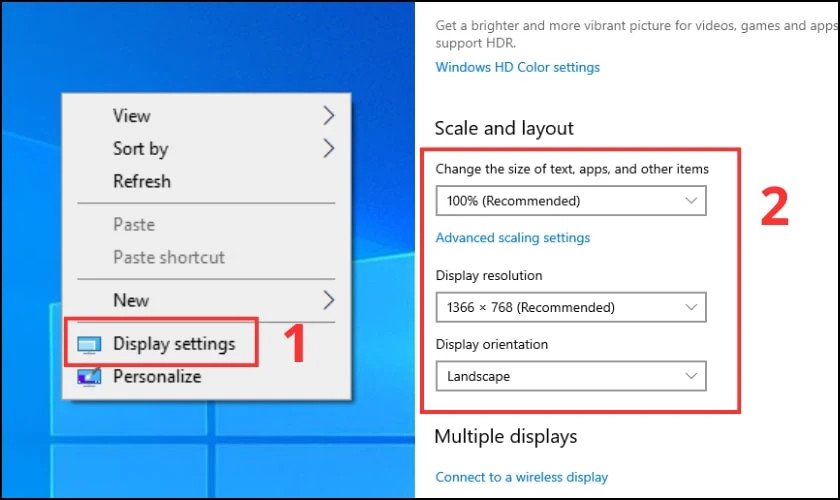 Kiểm tra độ phân giải màn hình máy tính chuẩn qua Display settings