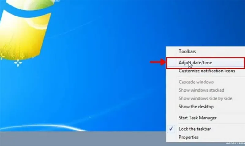 Mở cài đặt ngày giờ trên Windows 7