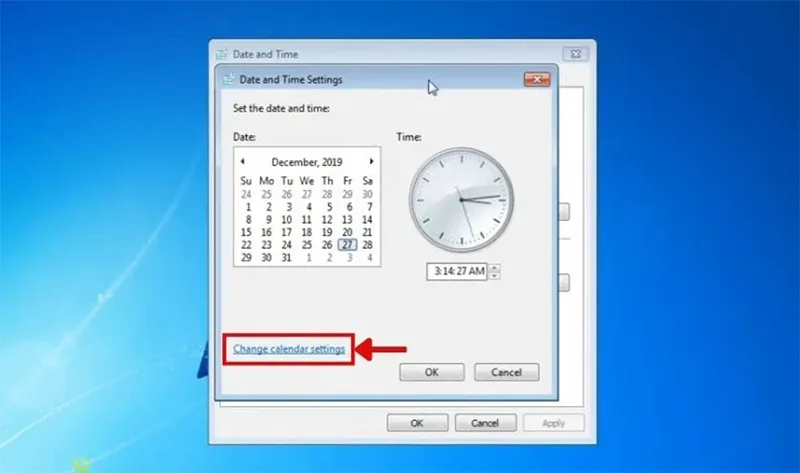 Cửa sổ Date and Time Settings trên Windows 7