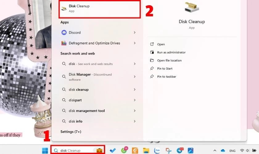 Tìm và chọn Disk Cleanup để dọn dẹp máy tính