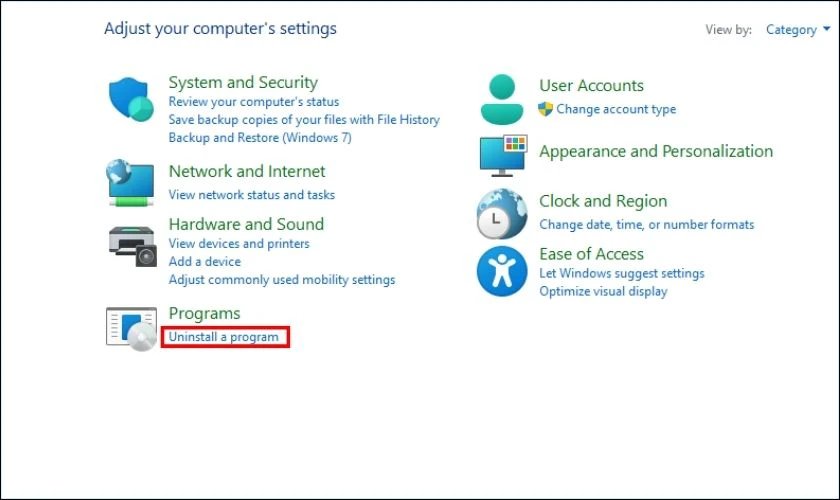 Mở Uninstall a program trong Control Panel