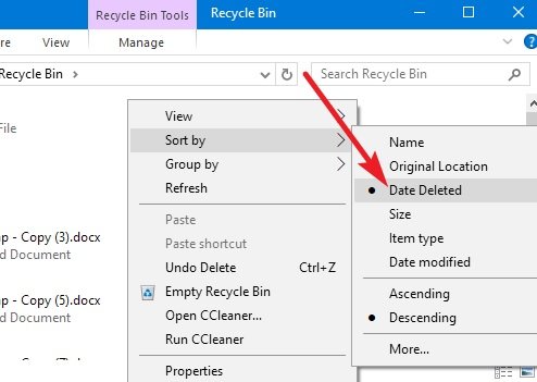 Sắp xếp các tệp đã xóa trong Recycle Bin