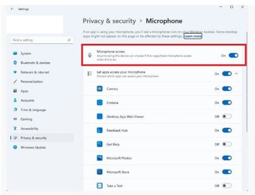 Mô tả giao diện cài đặt quyền riêng tư microphone trong Windows, hiển thị cách kích hoạt Microphone access để giải quyết lỗi máy tính không có audio inputs and outputs