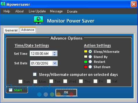 Cài đặt nâng cao của phần mềm tắt màn hình máy tính MpowerSaver