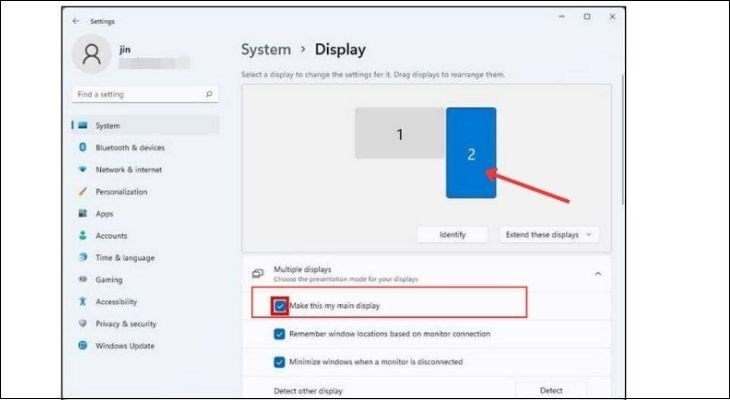 Người dùng tích vào ô Make this my main display