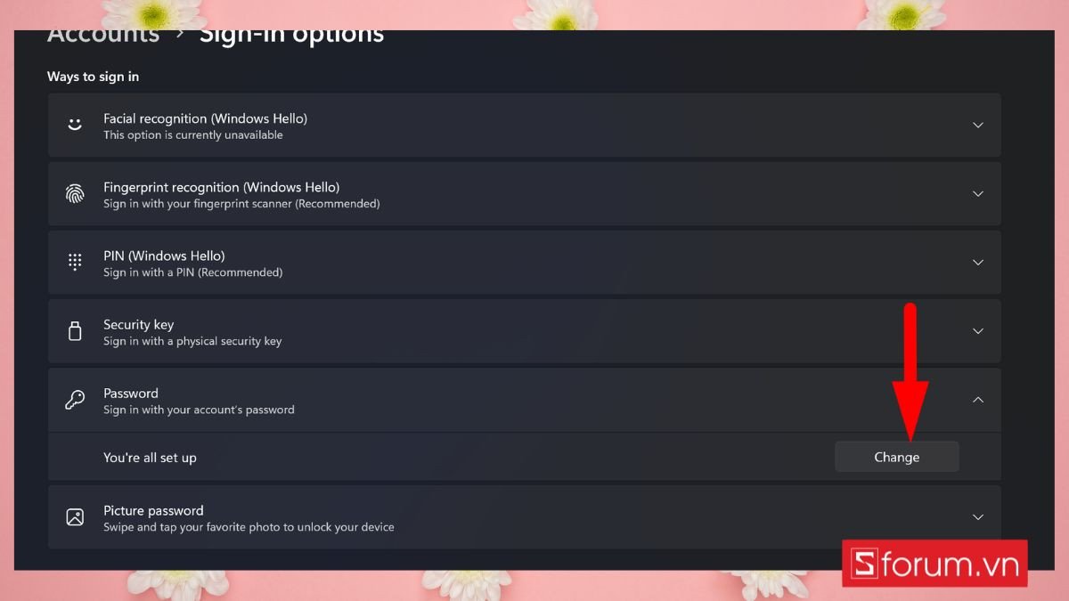 Nhấn nút Change để thay đổi pass máy tính Win 11