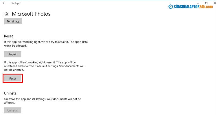 Nhấn Reset để đặt lại ứng dụng Microsoft Photos
