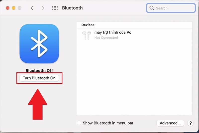 Nhấn Turn Bluetooth On để bật Bluetooth trên Macbook