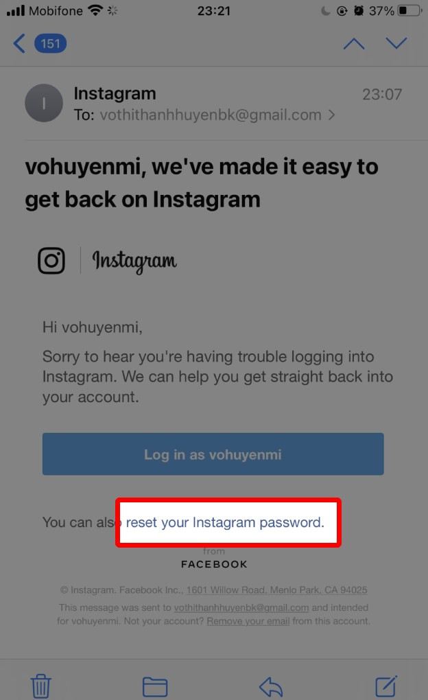 Nhấn vào Reset your Instagram Password trong email