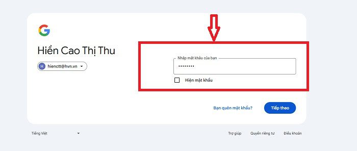 Nhập tài khoản và mật khẩu để đăng nhập Google Drive