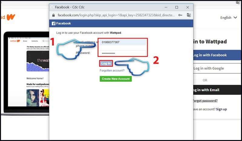 Nhập thông tin đăng nhập Facebook để đăng ký Wattpad